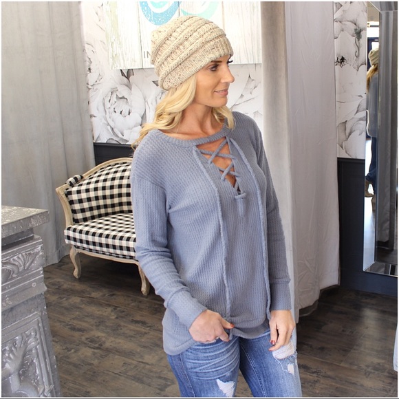 Blue Ultra Soft Waffle Knit Lace Up Tunic - Picture 2 of 6